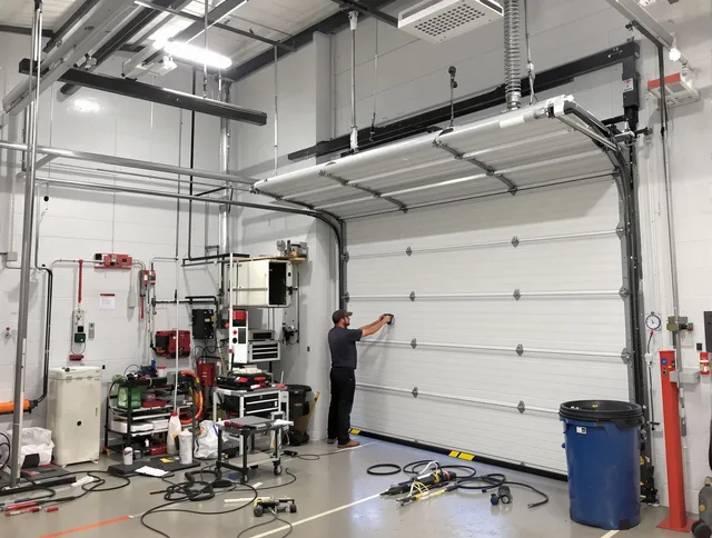 Bell Garage Door Repair certified technician performing commercial door repair at a Bell business facility