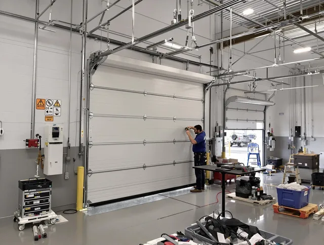 Commercial garage door repair being performed by Bell Garage Door Repair expert in Bell