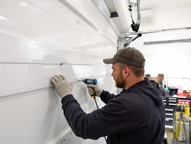 Bell Garage Door Repair technician demonstrating precision dent removal techniques on a Bell garage door