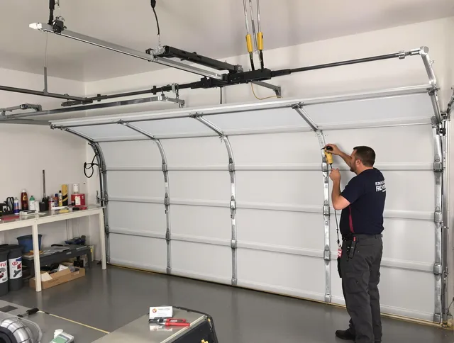 Bell Garage Door Repair certified technician performing overhead door system repair in Bell