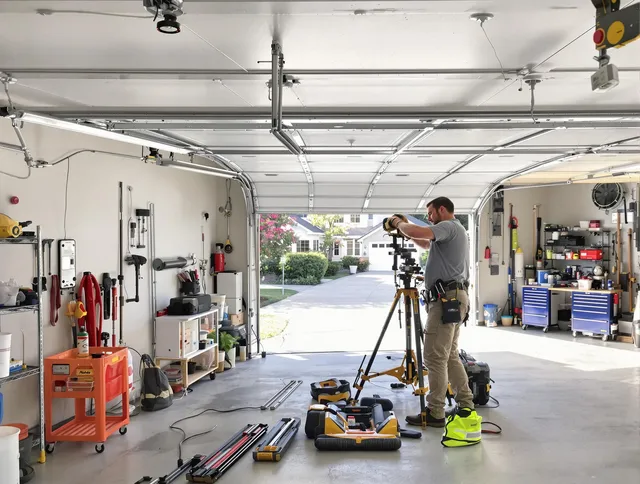Bell Garage Door Repair specialist performing laser-guided track alignment in Bell